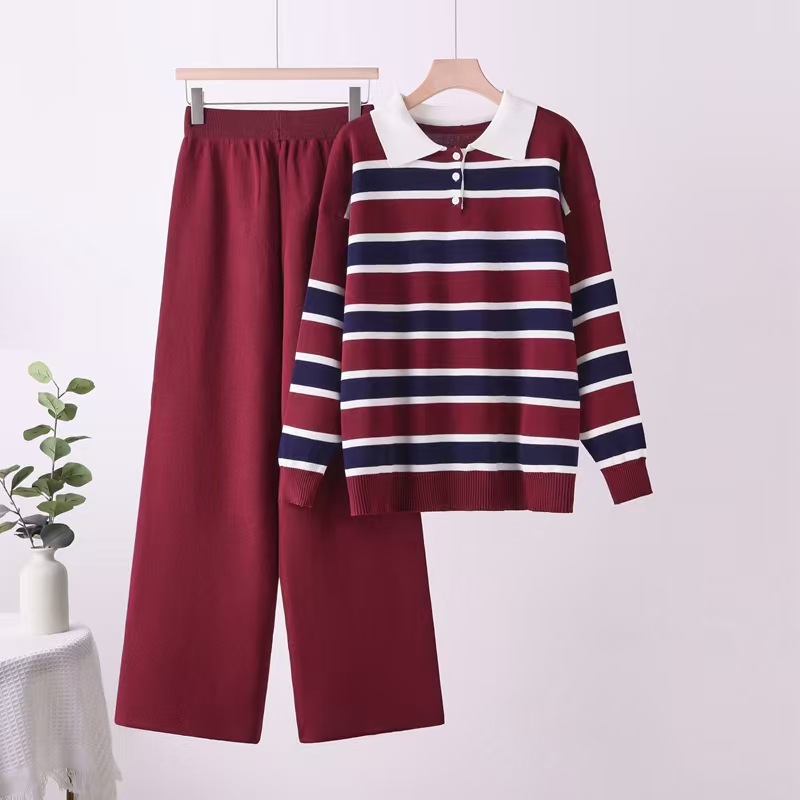 Cross border Korean contrasting striped base shirt polo collar lapel knit top wide leg pants two-piece set Cross border Korean contrasting striped base shirt polo collar lapel knit top wide leg pants two-piece set