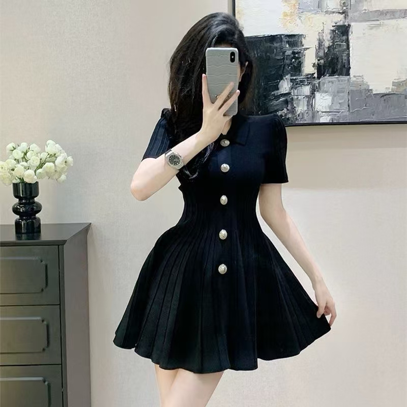 French tea break small fragrant style polo collar dress for women's summer new small slim fit A-line skirt