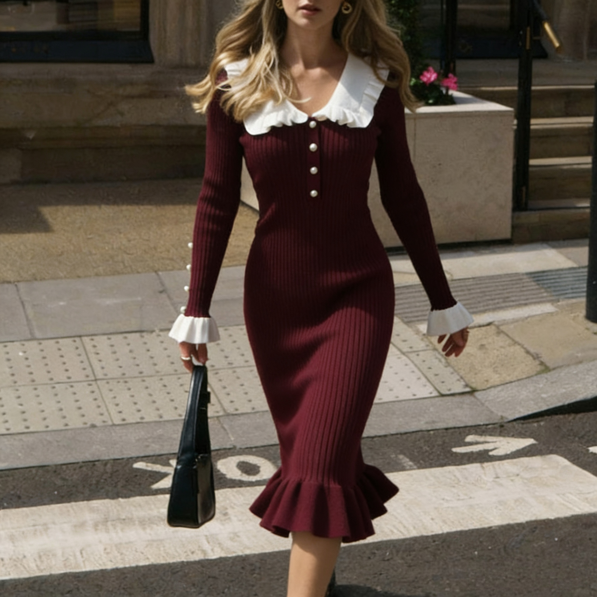 Lotus leaf edge dress knitted skirt autumn and winter new woolen dress 2023 retro lady European and American cross-border French skirt for women Lotus leaf edge dress knitted skirt autumn and winter new woolen dress 2023 retro lady European and American cross-border French skirt for women