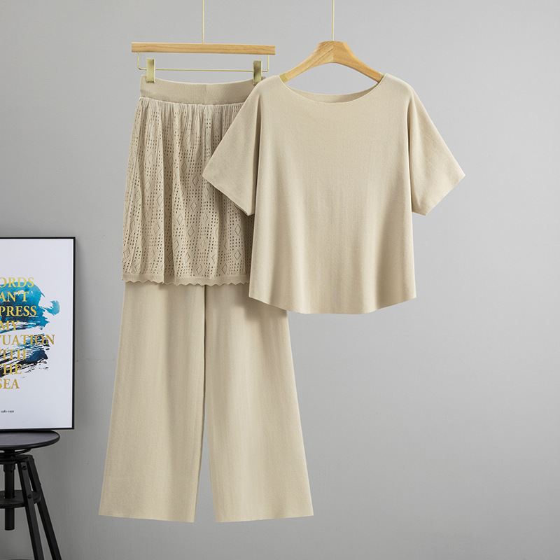 Cross border summer women's solid color one shoulder knitted top two-piece set, fart curtain wide leg pants, layered temperament set