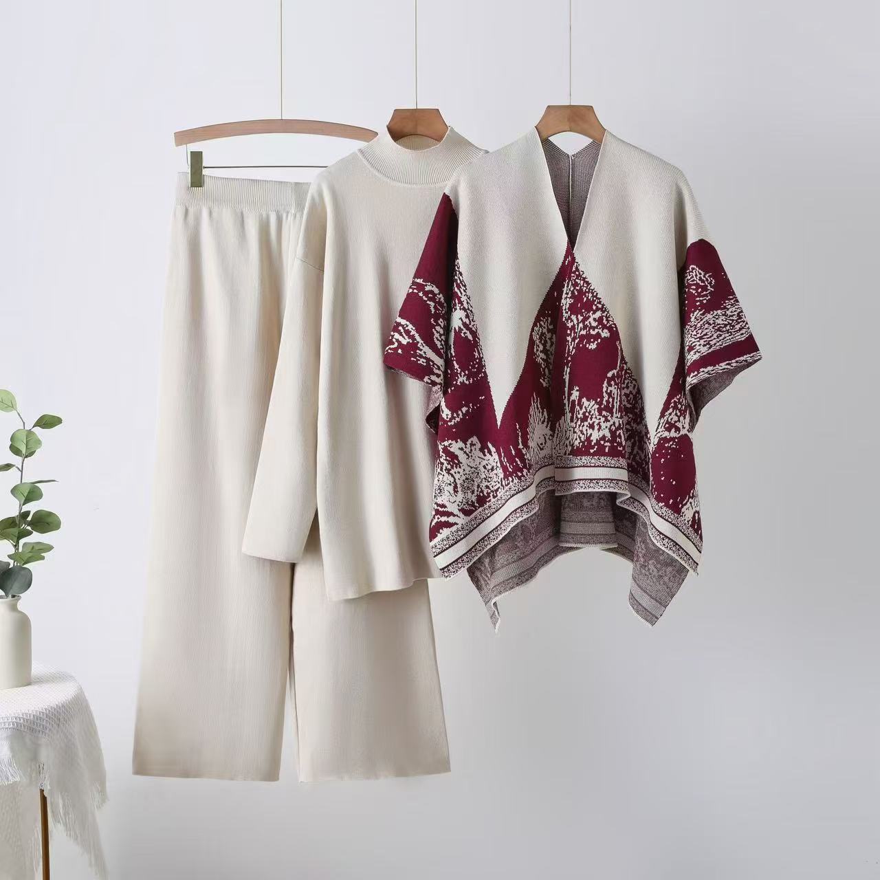 Cross border AliExpress Knitted Casual Fashion Set Women's Autumn/Winter Loose Half High Collar Sweater Pants Shawl 3-Piece Set
