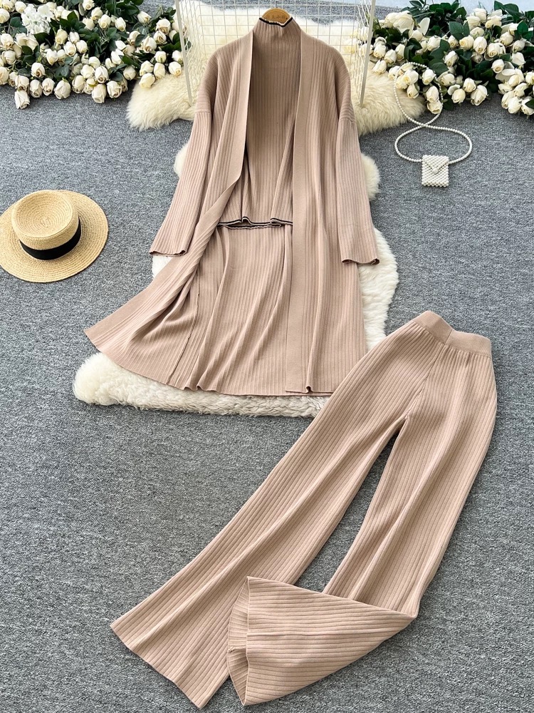 High end loose outer layer, mid to long knit cardigan base, high neck long sleeved sweater, high waist wide leg pants three piece set High end loose outer layer, mid to long knit cardigan base, high neck long sleeved sweater, high waist wide leg pants three piece set