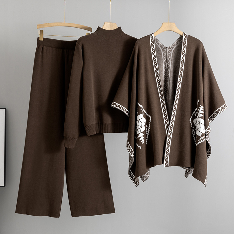 Cross border woolen suit autumn and winter knitted jacquard shawl+round neck top+casual sports wide leg pants three piece set for women