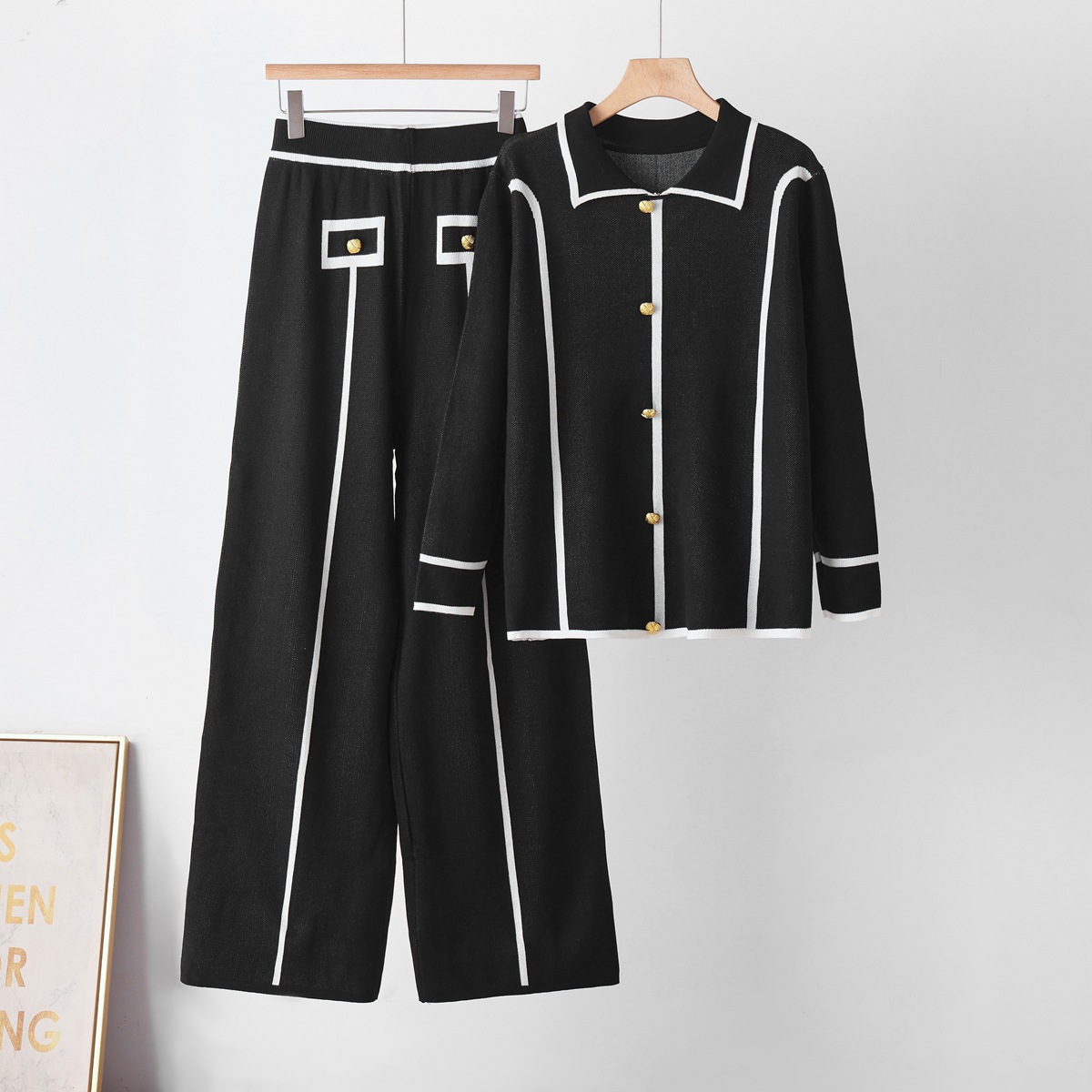 Cross border European and American high-end fashion lapel temperament knitted suit women's autumn and winter commuting cardigan women's two-piece set trendy