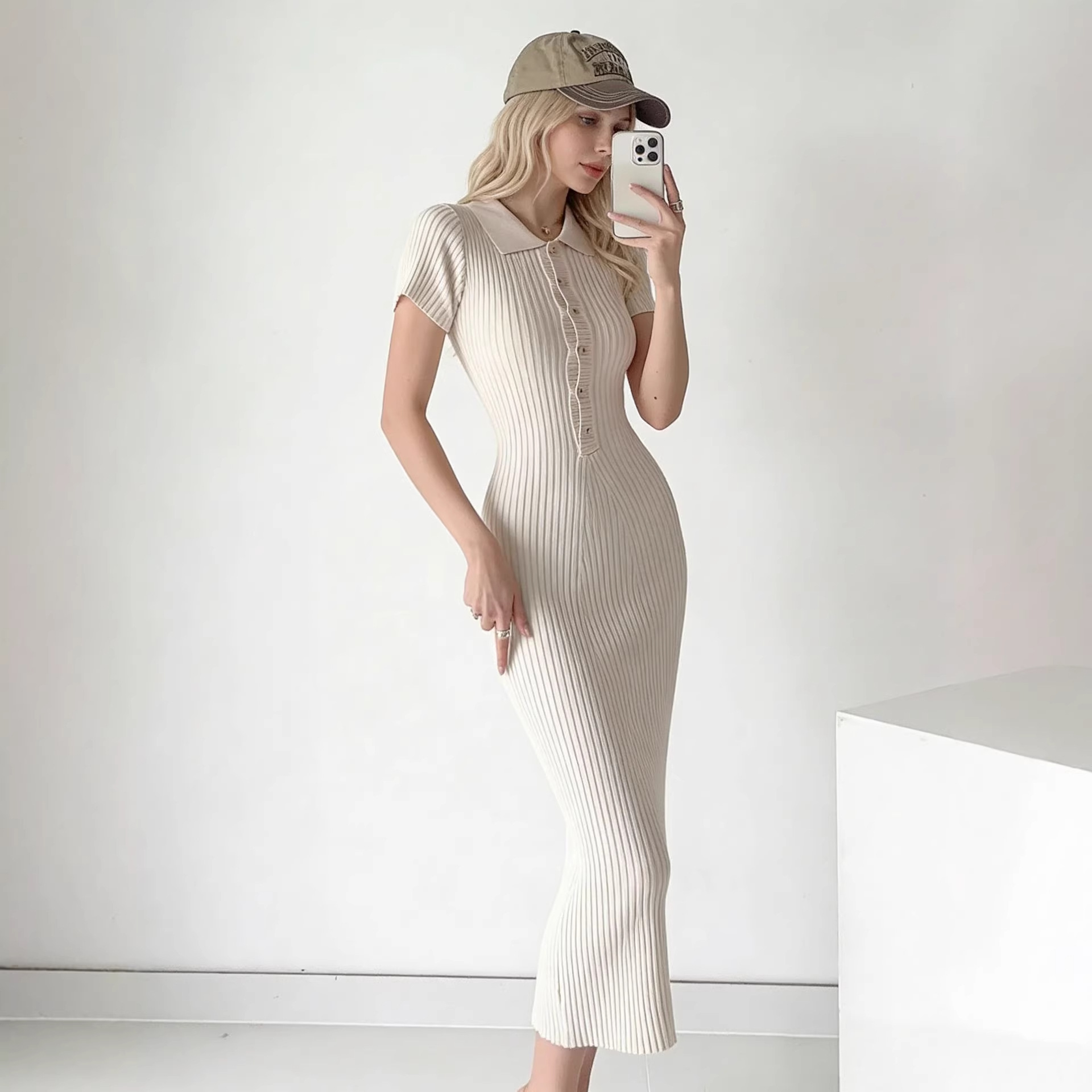 Cross border 2026 summer European and American women's clothing POLO collar short sleeved woolen dress looks slim, hip hugging knitted dress long skirt for women