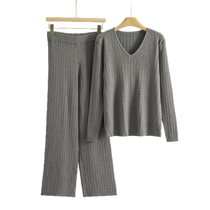 Cross border V-neck Fried Dough Twists sweater suit for women in spring and autumn, new fashion, solid color, loose knit, bottoming, two piece suit Cross border V-neck Fried Dough Twists sweater suit for women in spring and autumn, new fashion, solid color, loose knit, bottoming, two piece suit