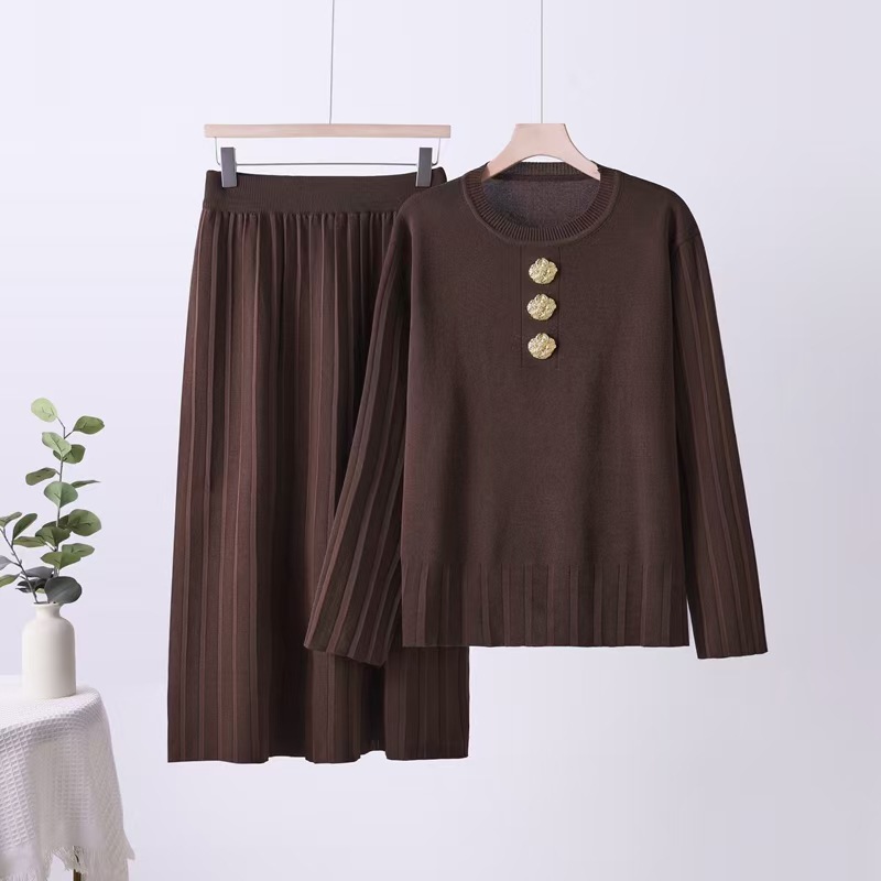 Cross border loose women's spring, autumn and winter new sweater jacket knitted pleated skirt casual half skirt temperament two-piece set