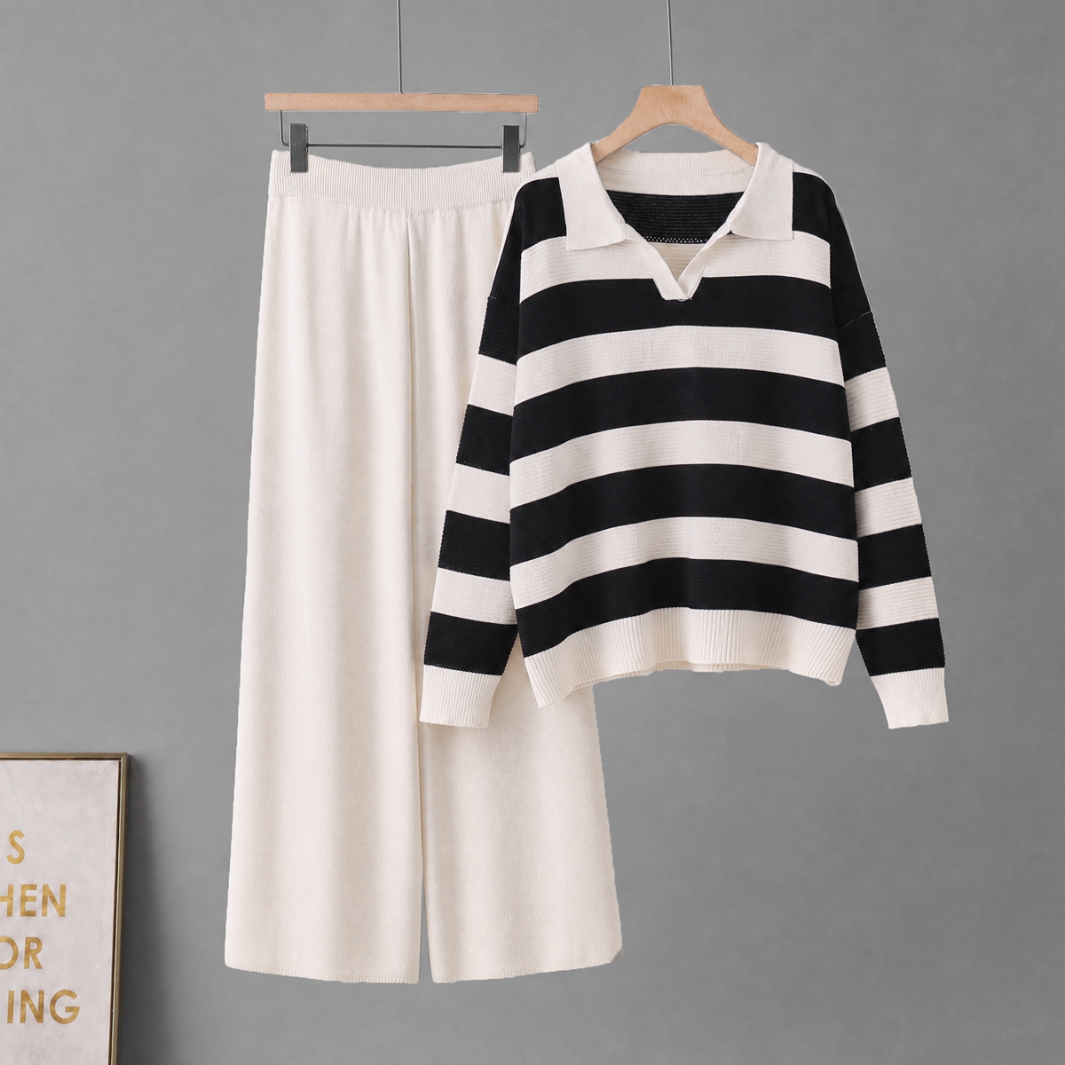 2026 Cross border Foreign Trade Retro Lazy Style Premium Soft Sticky Loose Stripe Collar Fashion Knitted Two Piece Set 2026 Cross border Foreign Trade Retro Lazy Style Premium Soft Sticky Loose Stripe Collar Fashion Knitted Two Piece Set