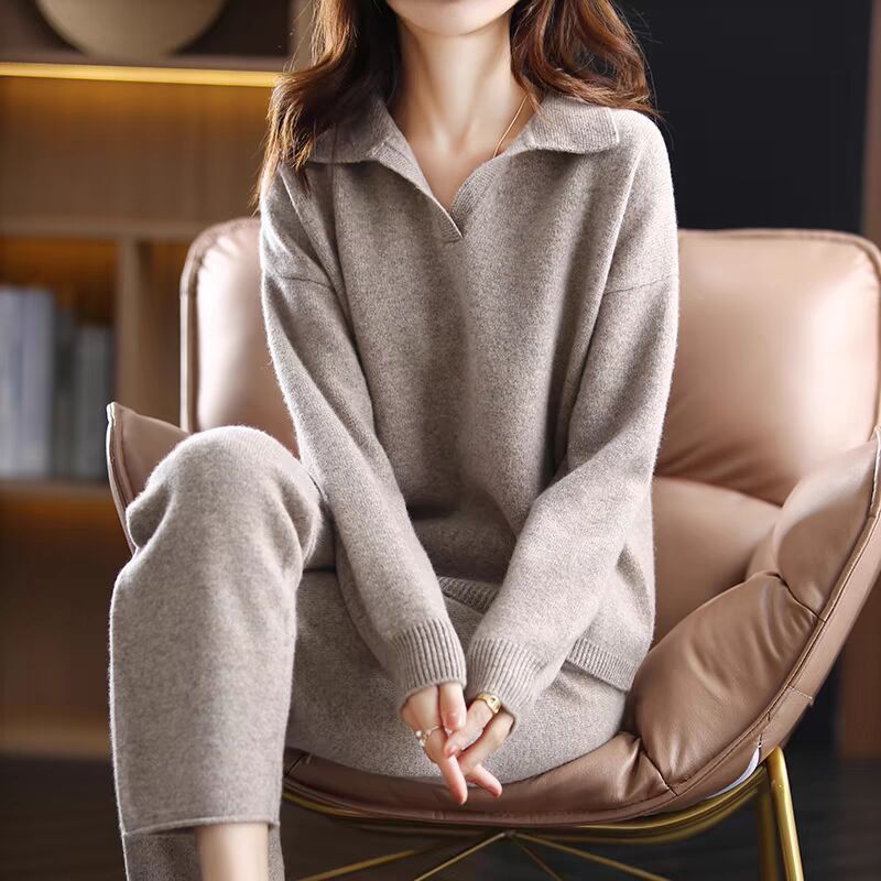 2026 Korean Fashion Loose Collar Knitted Set, Casual Simple Sweater, Wide Leg Pants, Loose Two Piece Set for Women