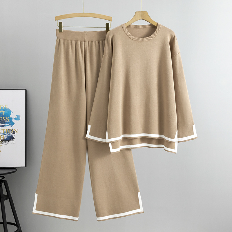 2026 Autumn/Winter New Style Color Contrasting Split Long Sleeve Knitted Set, High Waist, Slim and Wide Leg Long Pants Two Piece Set