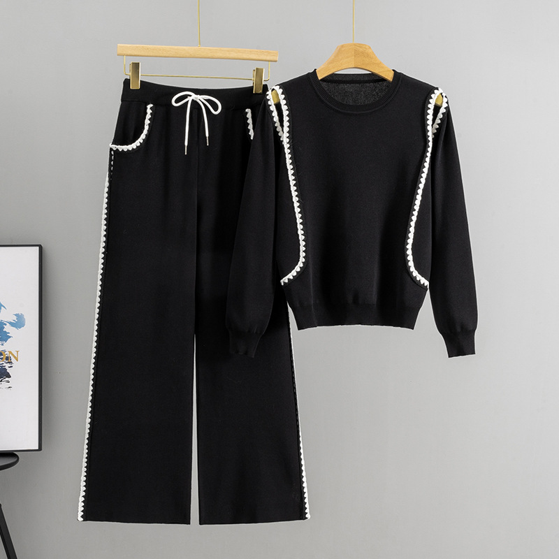Cross border Spring and Autumn Set Women's Fashionable Western Design Knitted Top Two Piece Set Round Neck Off Shoulder Sweater Wide Leg Pants