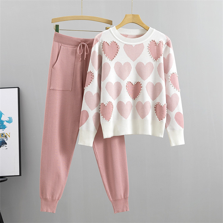 European Station Spring and Autumn New Girl Fashion Love Jacquard Knitted Set European Products Nail Bead Sweater Two Piece Set Trendy European Station Spring and Autumn New Girl Fashion Love Jacquard Knitted Set European Products Nail Bead Sweater Two Piece Set Trendy