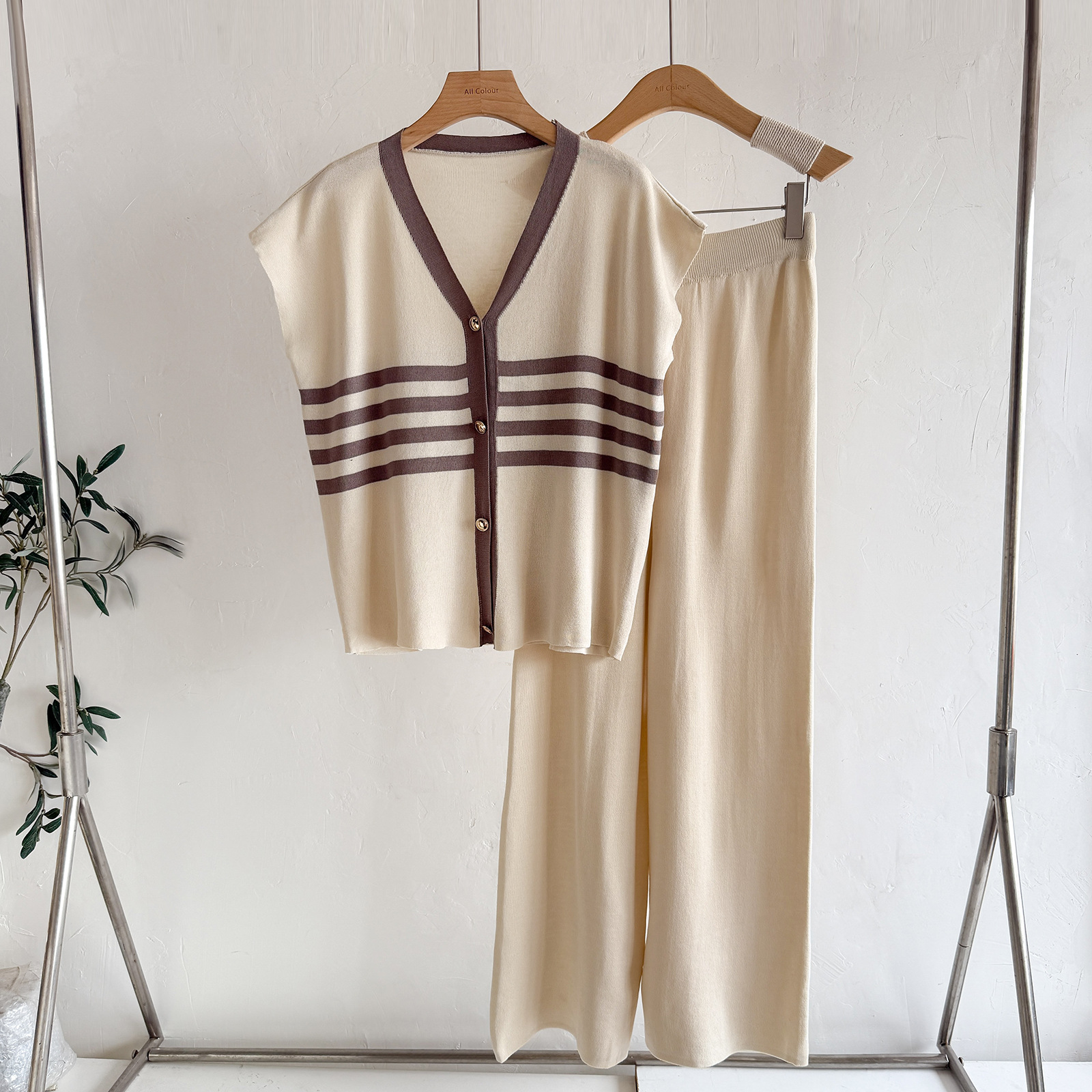 Cross border summer sports suit Korean wide leg pants set cardigan two-piece set casual lazy knit two-piece set women
