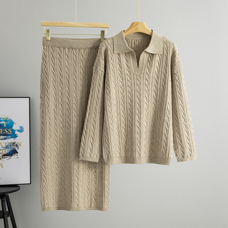 2026 Autumn New Women Fashion POLO Collar Temperament Retro Fried Dough Twists Pullover Sweater Half Skirt Solid Two Piece Set
