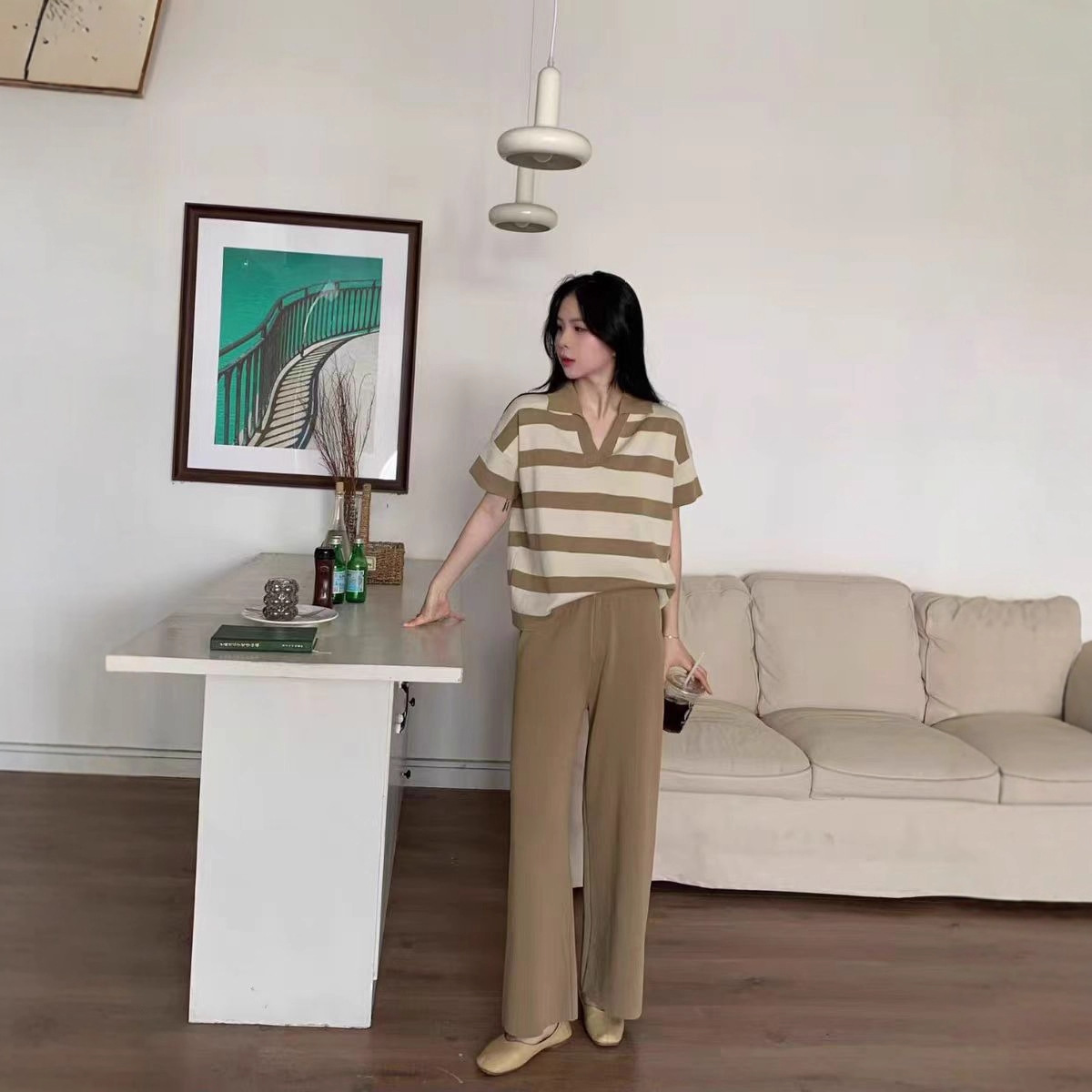 Spring and Autumn New Korean Color Contrast Stripe POLO Collar 1 Design Knitted Top+High Waist Wide Leg Pants Two Piece Set Spring and Autumn New Korean Color Contrast Stripe POLO Collar 1 Design Knitted Top+High Waist Wide Leg Pants Two Piece Set