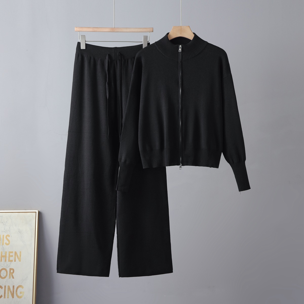 Lazy style casual knitted suit women's autumn and winter new item Korean version round neck zipper sweater cardigan half skirt two-piece set Lazy style casual knitted suit women's autumn and winter new item Korean version round neck zipper sweater cardigan half skirt two-piece set