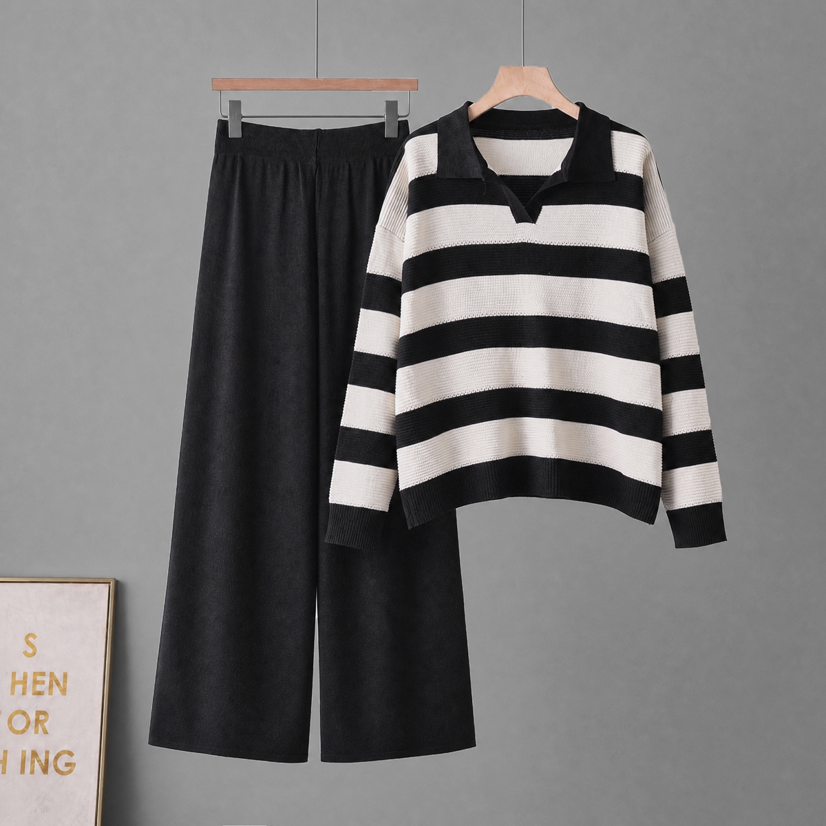 2026 Cross border Foreign Trade Retro Lazy Style Premium Soft Sticky Loose Stripe Collar Fashion Knitted Two Piece Set