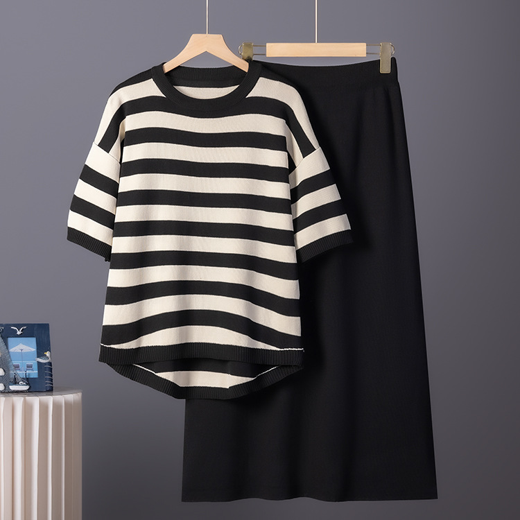 Amazon Europe and America Cross border New Women's Fashion Set Short Sleeve T-shirt+Half Skirt Knitted Two Piece Set Summer Women