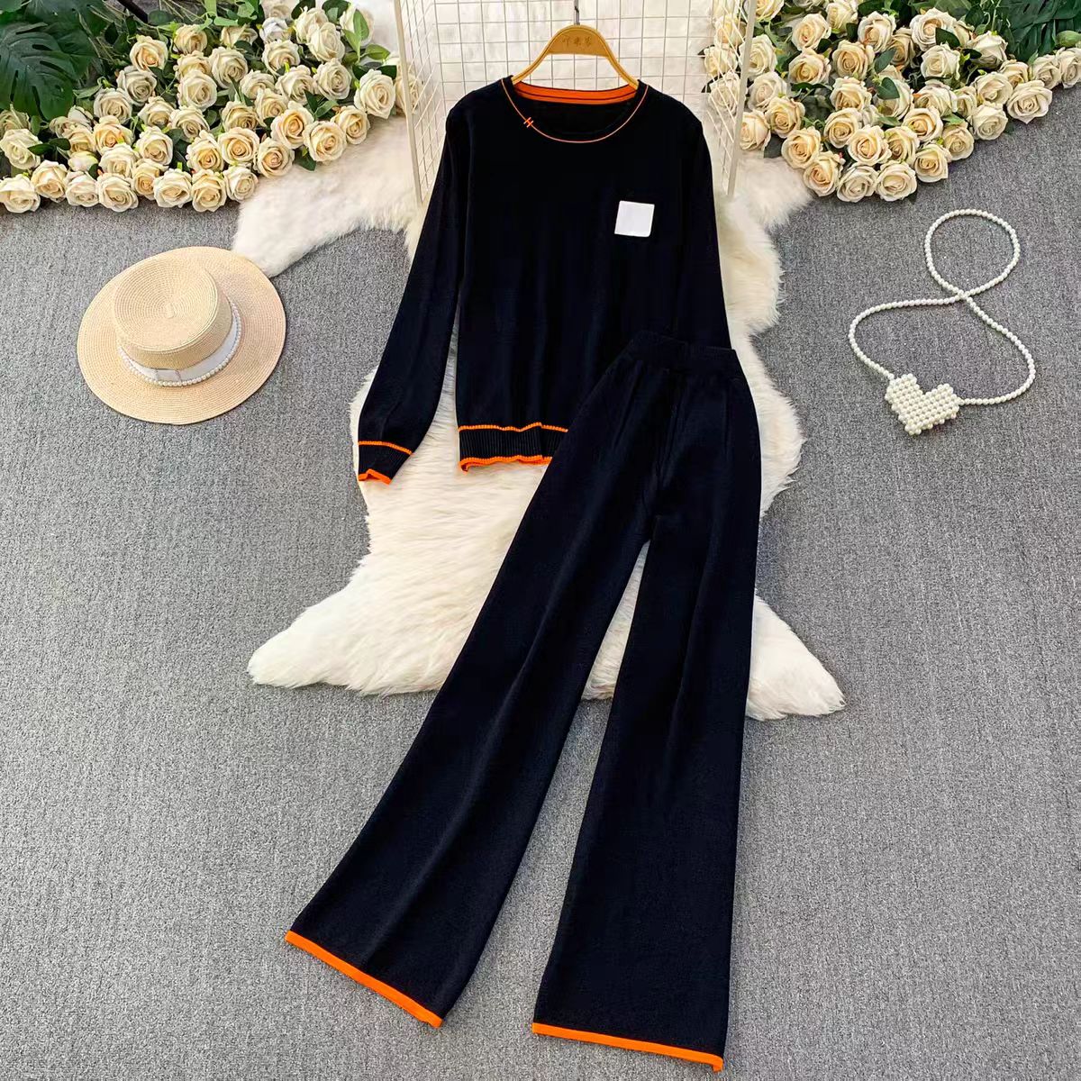 Fall/Winter Casual Versatile Commuter Knitted Striped Round Neck Long Sleeve Hoodie Two Piece Set Casual High Waist Wide Leg Pants