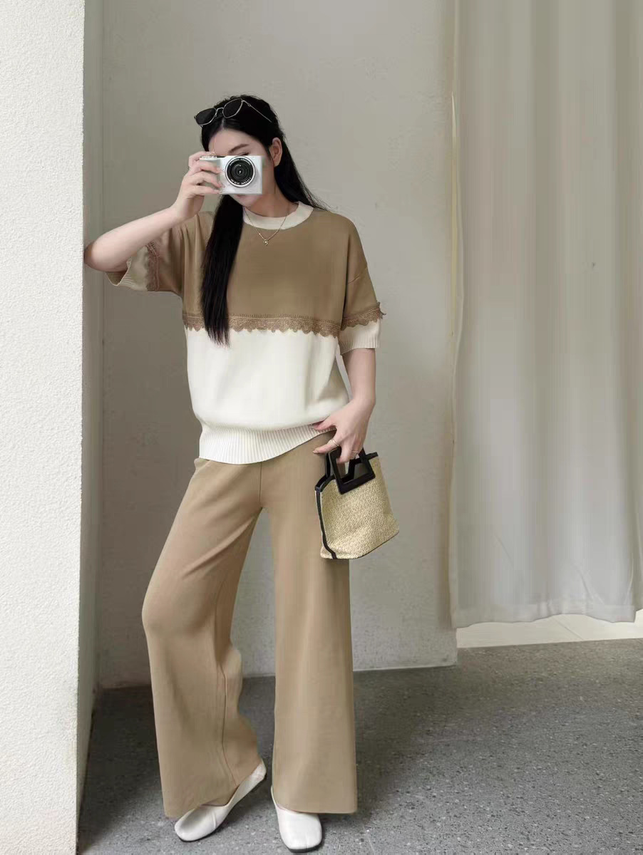 Cross border Knitted Shirt Summer Short Sleeve New Korean Edition Reduced Age Lace Hook and Flower Splicing Round Neck Hoodie Loose Knitted Set Cross border Knitted Shirt Summer Short Sleeve New Korean Edition Reduced Age Lace Hook and Flower Splicing Round Neck Hoodie Loose Knitted Set