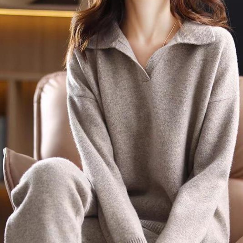 2026 Korean Fashion Loose Collar Knitted Set, Casual Simple Sweater, Wide Leg Pants, Loose Two Piece Set for Women 2026 Korean Fashion Loose Collar Knitted Set, Casual Simple Sweater, Wide Leg Pants, Loose Two Piece Set for Women