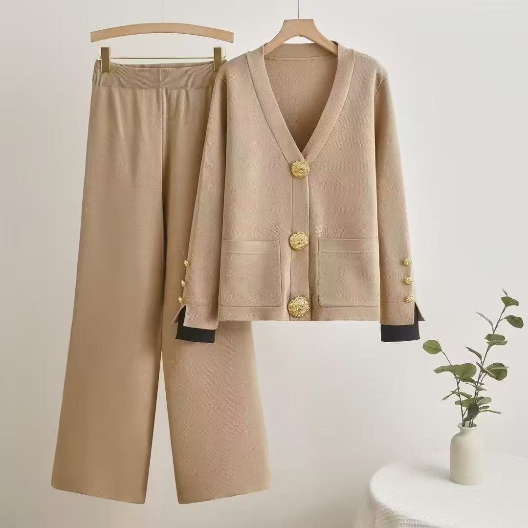 Cross border European casual fashion two-piece set for women's autumn and winter versatile metal buckle knitted cardigan sweater wide leg pants set