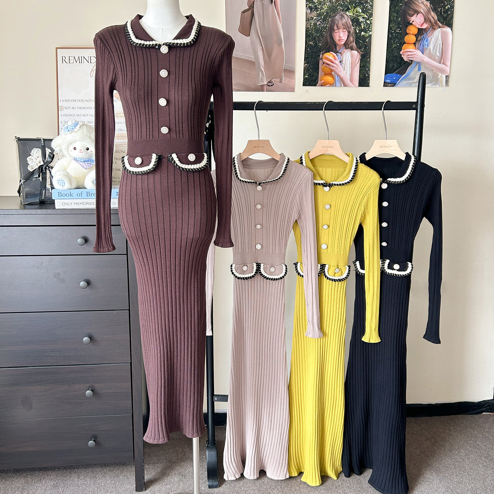 Foreign trade high-end temperament woven doll collar dress for women autumn and winter long sleeved knitted elastic waist with elegant fish tail Foreign trade high-end temperament woven doll collar dress for women autumn and winter long sleeved knitted elastic waist with elegant fish tail