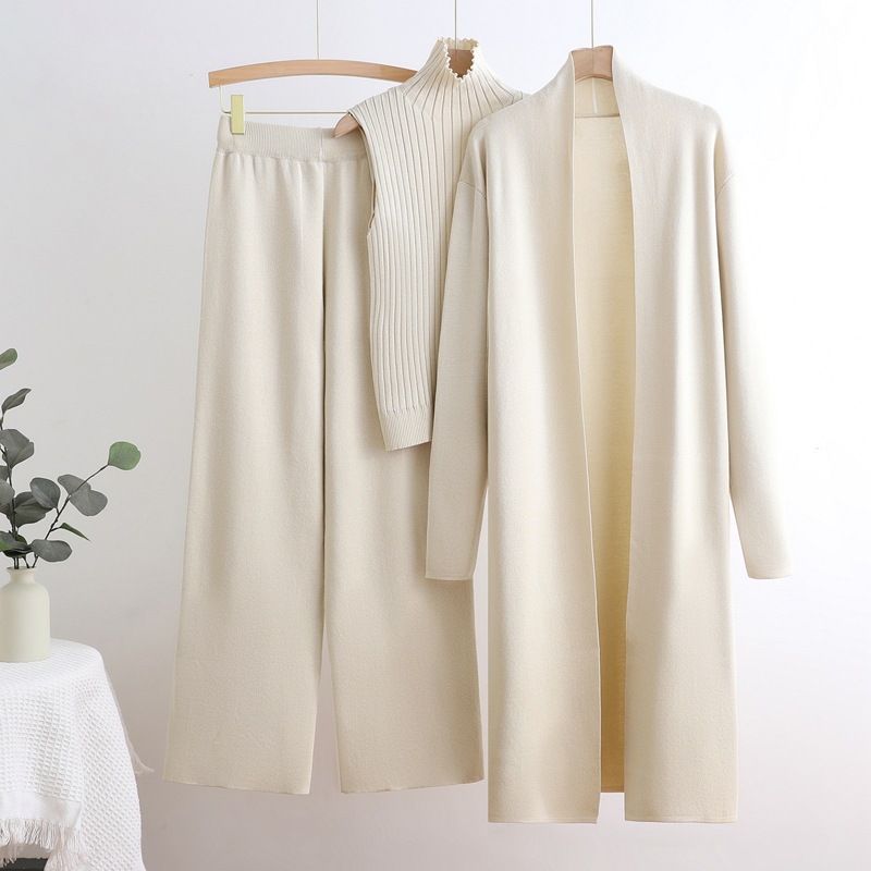 European and American style solid color casual suit women's shawl jacket V-neck base knitted sweater wide leg pants three piece set women