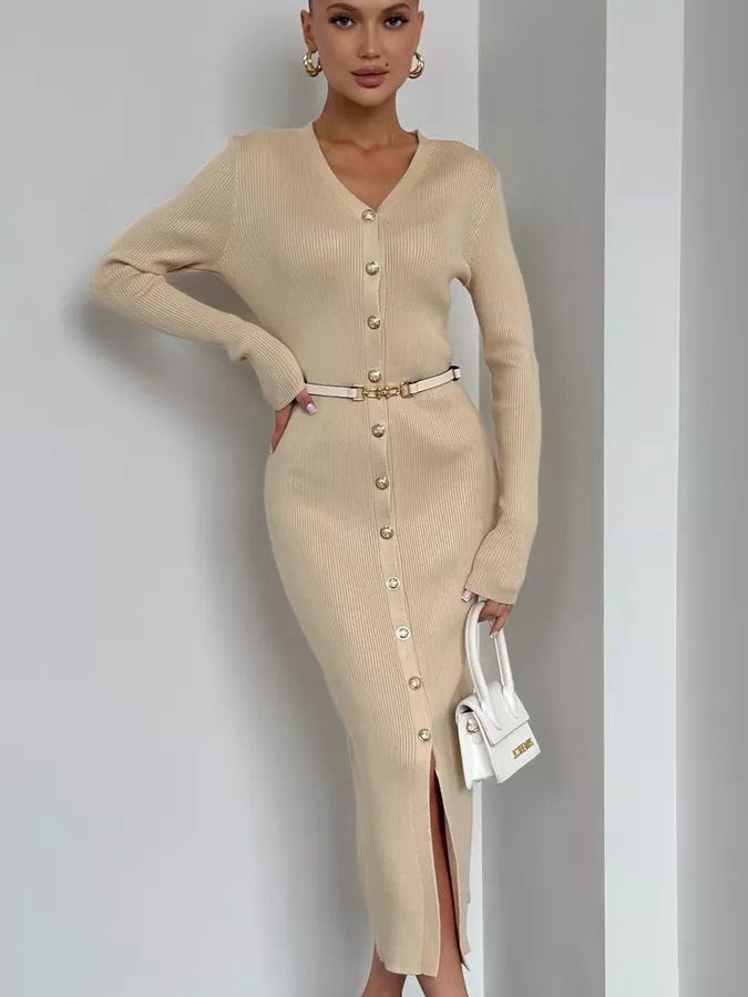 French Knitted Dress with Waist Belt, V-neck, Single Row Button, Western Style Sweater, Long Dress French Knitted Dress with Waist Belt, V-neck, Single Row Button, Western Style Sweater, Long Dress