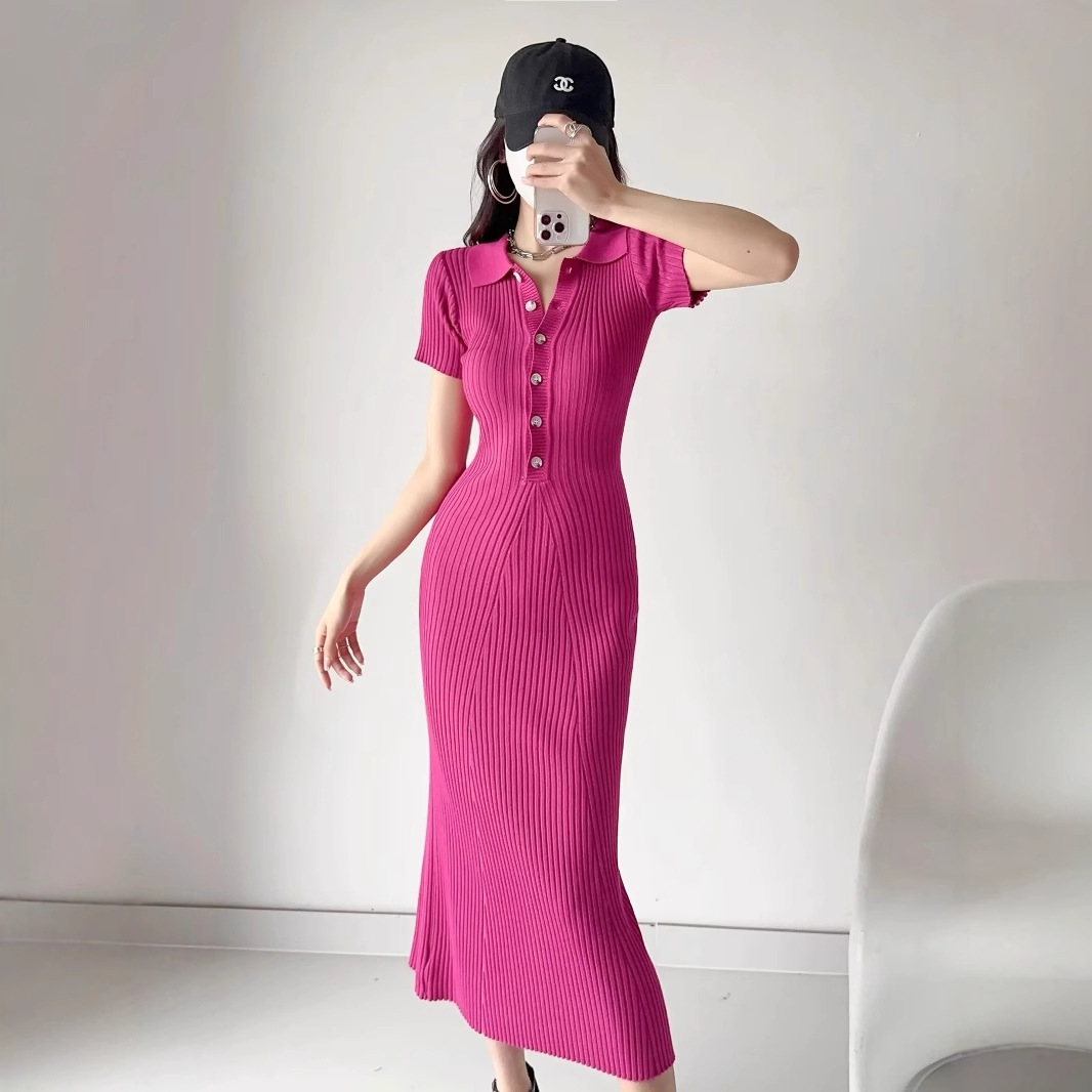 European and American temperament short sleeved fishtail skirt summer new Polo collar fur dress tight fitting waist slimming knitted dress