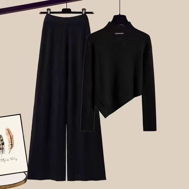 Cross border fashion set for early spring, new women's clothing, irregular sweaters, pants, tea lined tea air knitted two-piece set for women