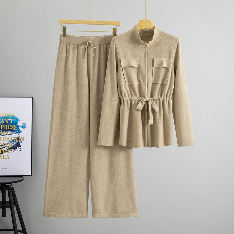 Cross border Spring and Autumn Women's 2026 New Thin Coat French Style Unique and Unique Slimming Knitted Top Wide Leg Pants