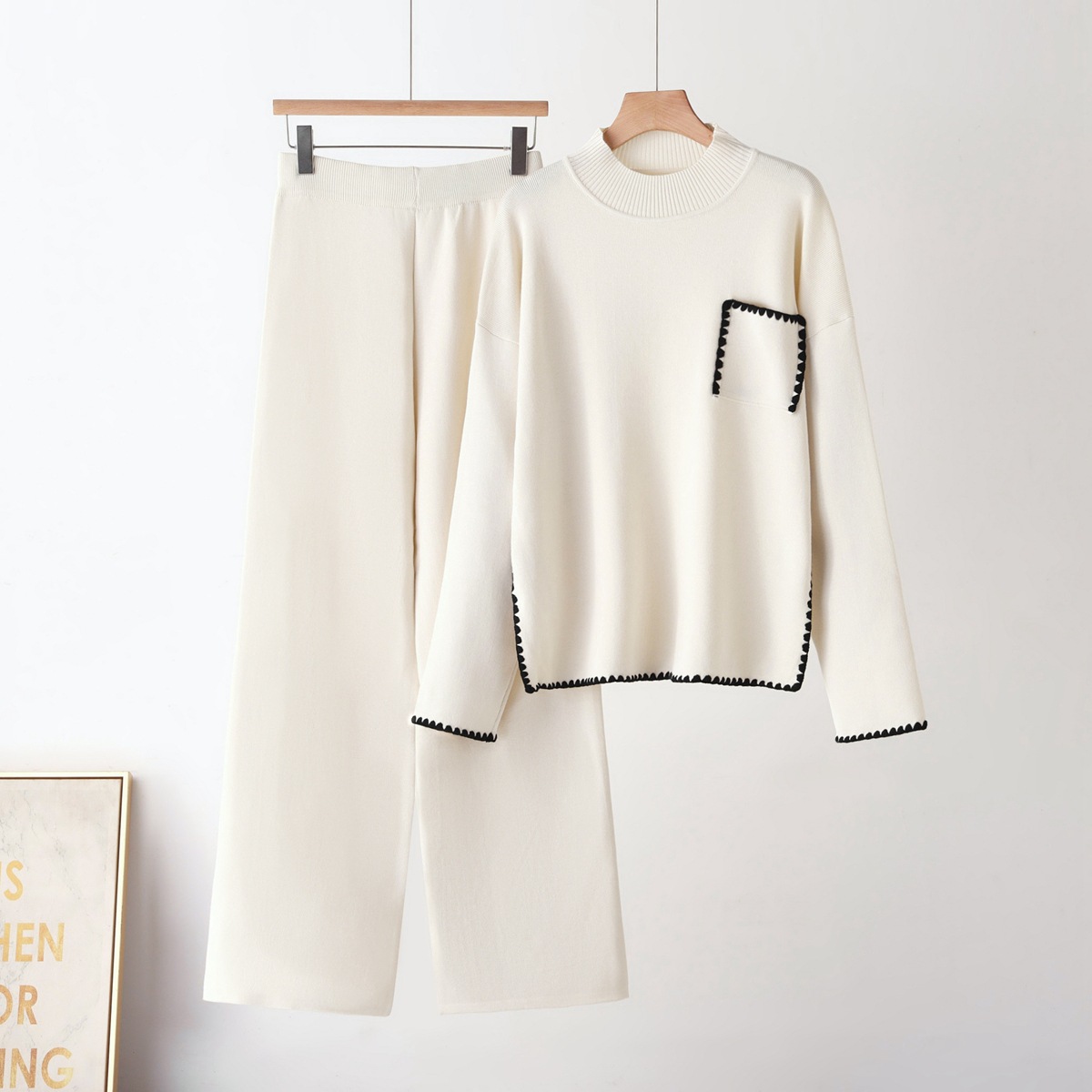 New Cross border Fashion Knitted Set from Europe and America, Half High Collar Embroidered Pocket Top+Straight Leg Pants Knitted Two Piece Set