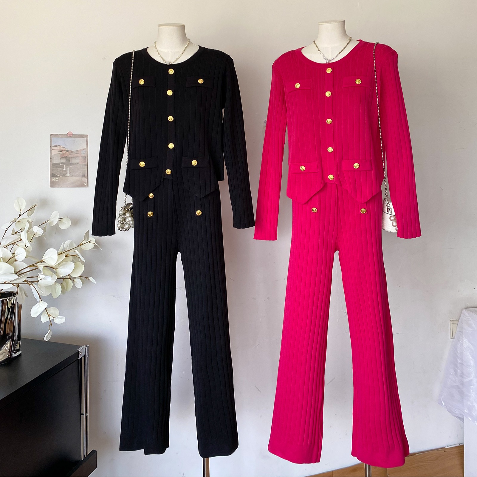 Two piece set of women's high waisted casual pants with a high-end feel, small fragrance, metal buckle round neck, slim fit and versatile long sleeved knitted shirt