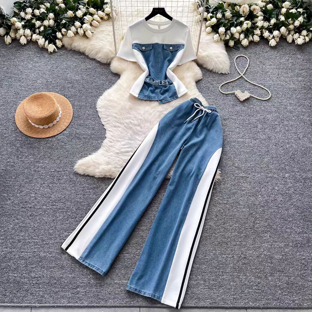 Hong Kong style retro patchwork short sleeved denim suit for women's summer daily casual straight leg pants two-piece set for slimming wear