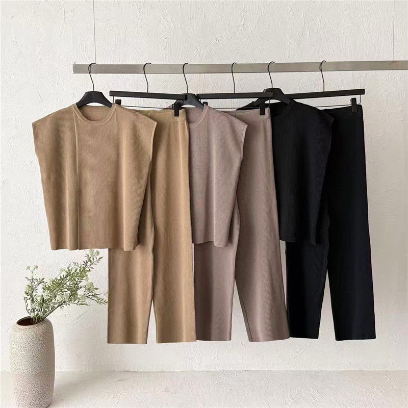 Cross border fashion knitted summer suit women's solid color extremely simple style sleeveless vest top casual high waisted wide leg pants