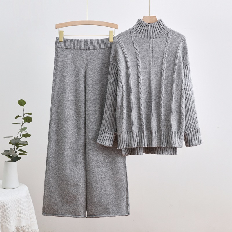 2024 Autumn/Winter New Knitted High Collar Sweater Thread Craft Fashion Casual Wide Leg Pants Two Piece Trendy Set 2024 Autumn/Winter New Knitted High Collar Sweater Thread Craft Fashion Casual Wide Leg Pants Two Piece Trendy Set