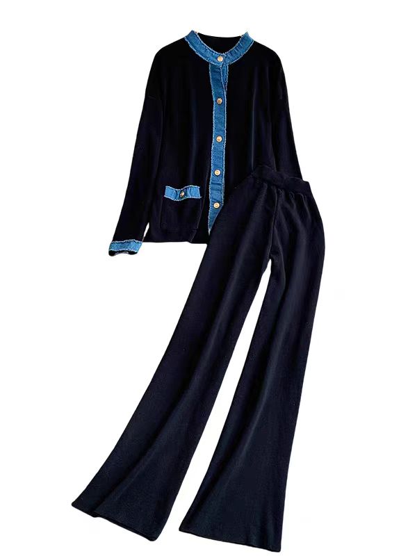 French socialite goddess style fashionable design denim patchwork knitted round neck jacket+high waist wide leg pants two-piece set French socialite goddess style fashionable design denim patchwork knitted round neck jacket+high waist wide leg pants two-piece set