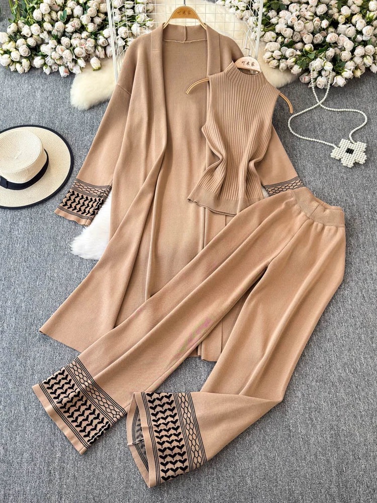 Winter New Loose Knitted Set Women's Middle to Long Shawl Cardigan Sweater High Collar Tank Top Three Piece Set Wide Leg Pants