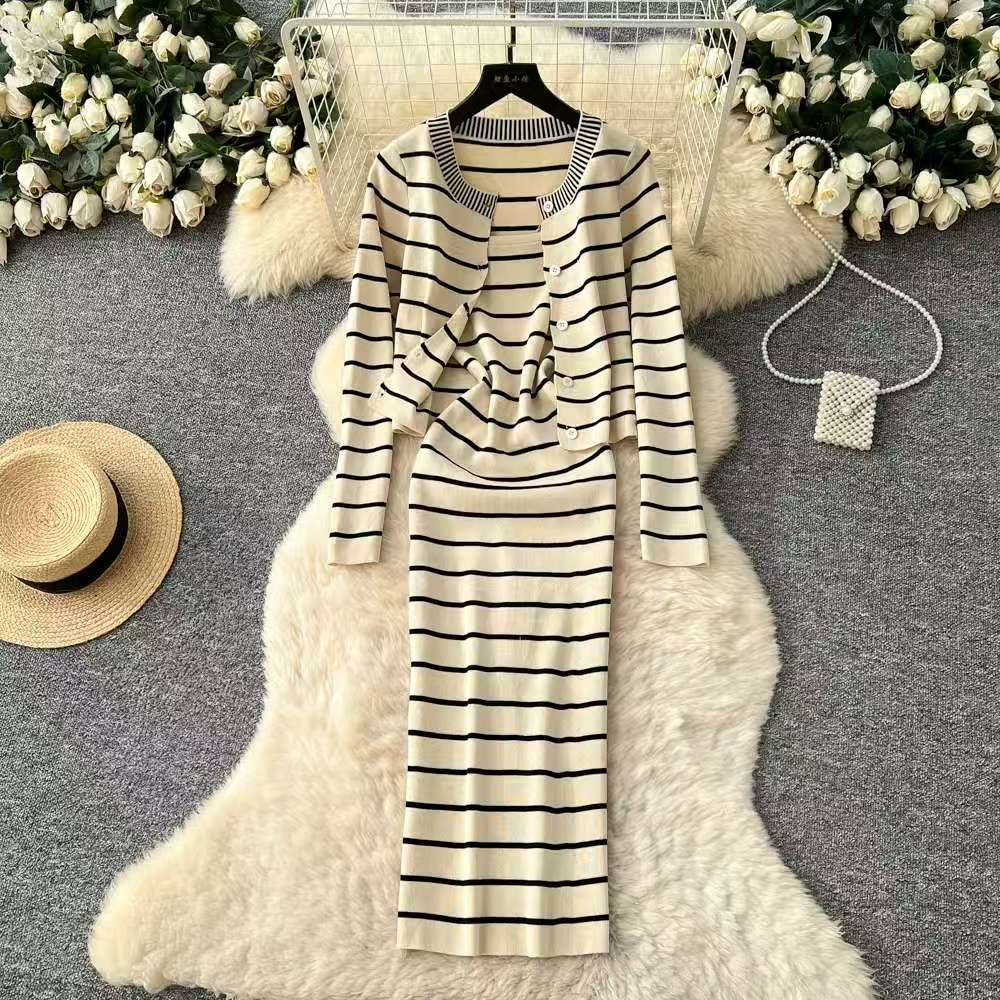 French commuting style striped button knit two-piece set for women's autumn slim fit design cardigan dress set