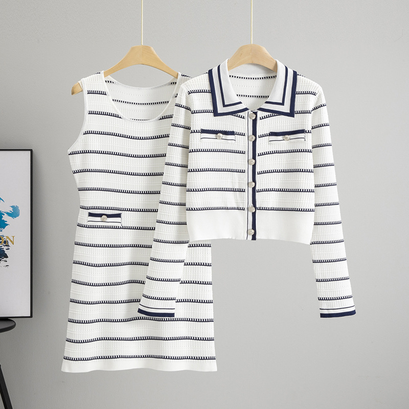 Cross border temperament knitted suit skirt women 2026 autumn new lazy casual striped cardigan dress two-piece set