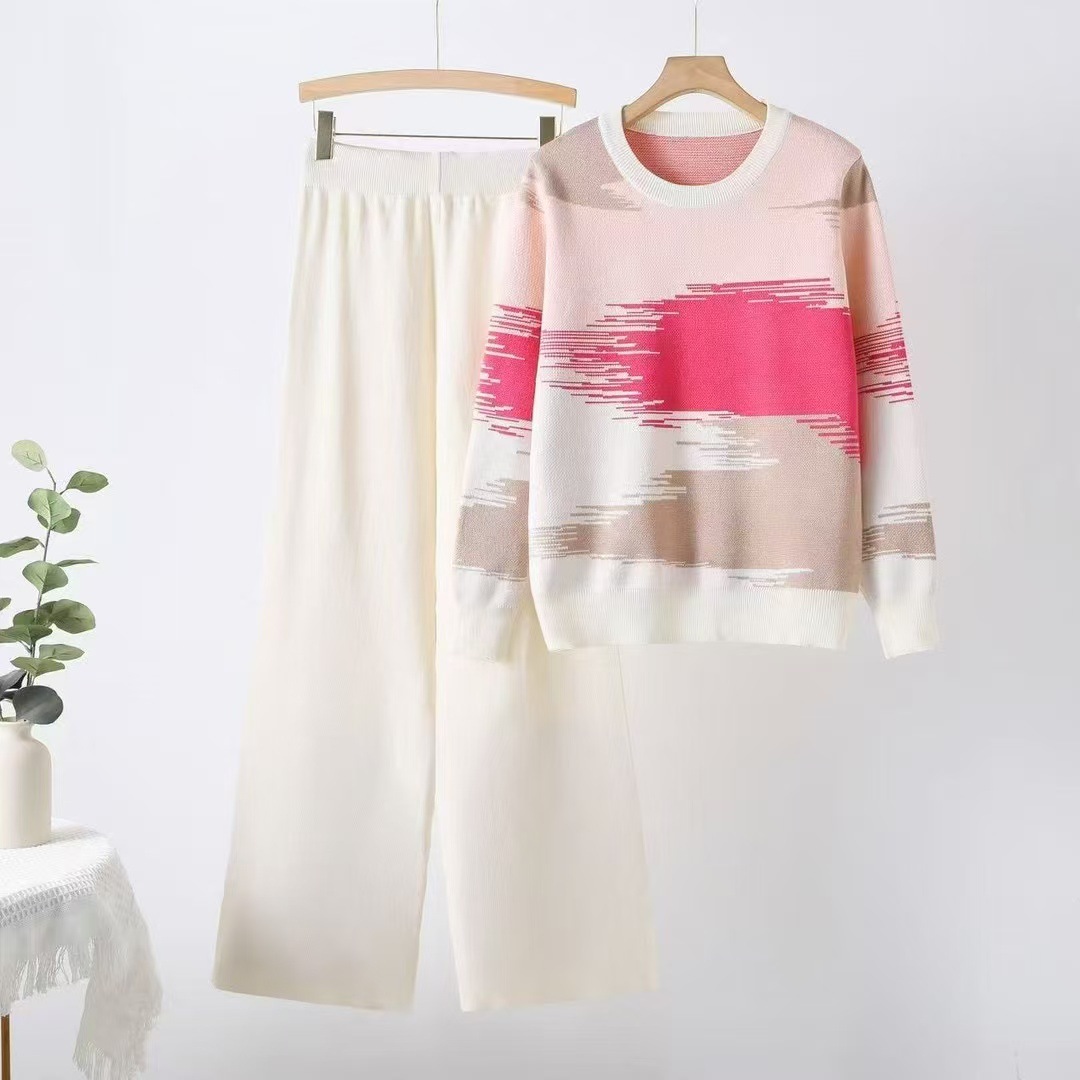 Cross border 2025 Spring and Autumn New Color blocked Round Neck Sweater Women's Set, Large Size for Slimming and Stylish Dressing, Knitted Two Piece Set Cross border 2025 Spring and Autumn New Color blocked Round Neck Sweater Women's Set, Large Size for Slimming and Stylish Dressing, Knitted Two Piece Set
