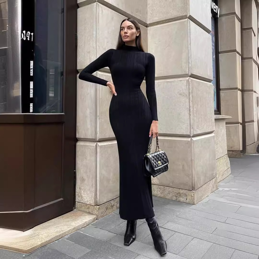 Cross border European and American knitted high neck long sleeved tight skirt autumn and winter new long skirt elegant French knitted dress for women's fashion Cross border European and American knitted high neck long sleeved tight skirt autumn and winter new long skirt elegant French knitted dress for women's fashion