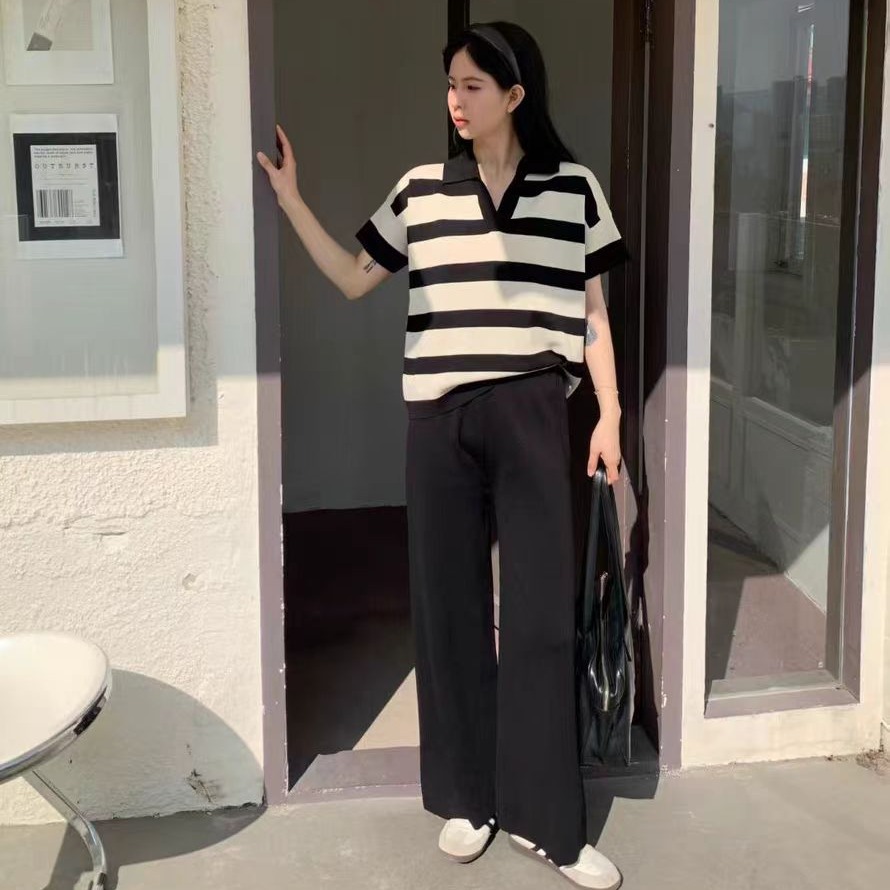 Summer new Korean contrasting striped POLO collar niche design knitted top+high waist wide leg pants two-piece set