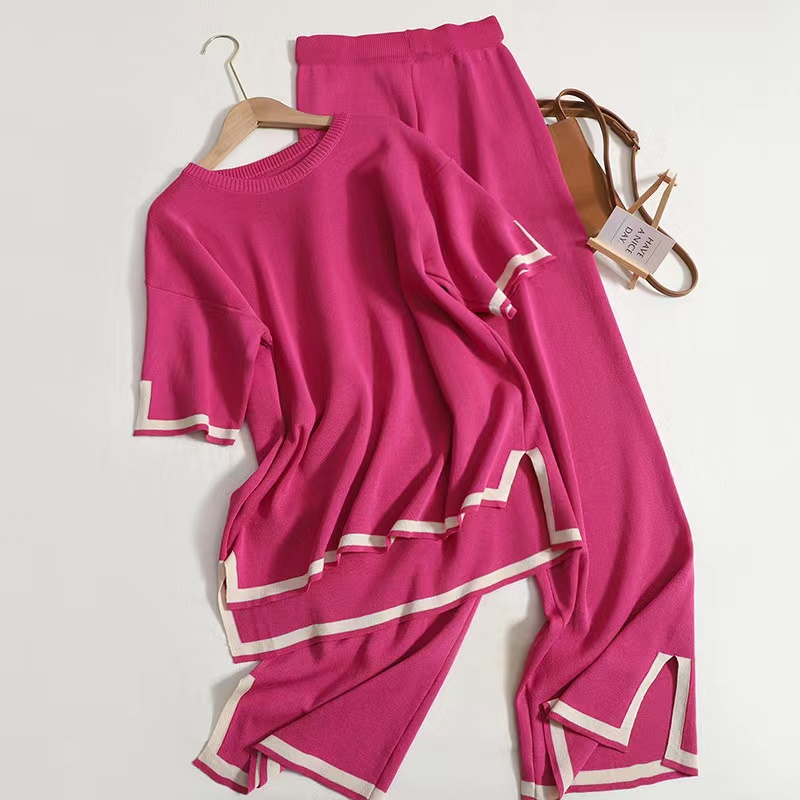 New fashion set with contrasting colors, split short sleeved knitted sweater+high waist slimming wide leg pants, two-piece pants set