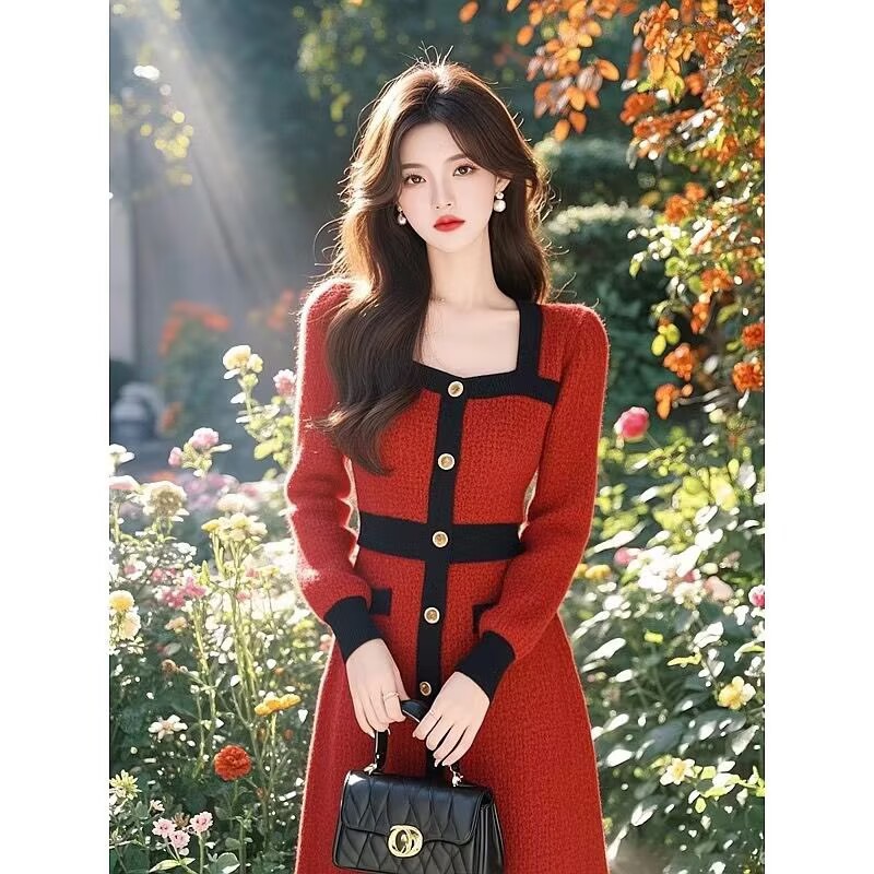 Korean style atmosphere, wearing a red sweater dress for the New Year, women's dress, 2025 winter small fragrance style knitted long skirt