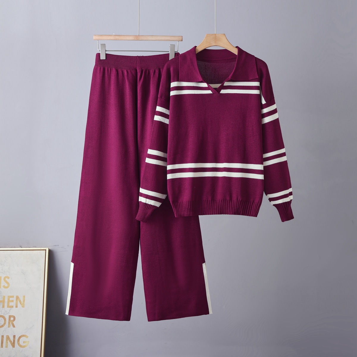 Cross border 2026 new casual contrasting striped lapel women's knitted sweater loose and versatile lazy style knitted suit