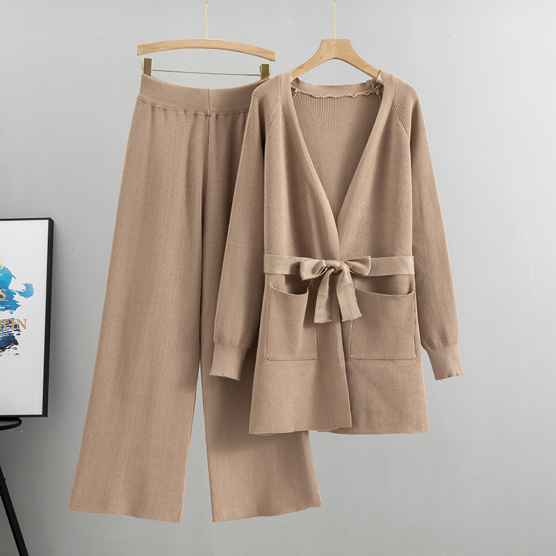 Cross border Spring and Autumn New European Station cardigan wide leg pants thick needle two-piece set casual lace up solid color knitted set