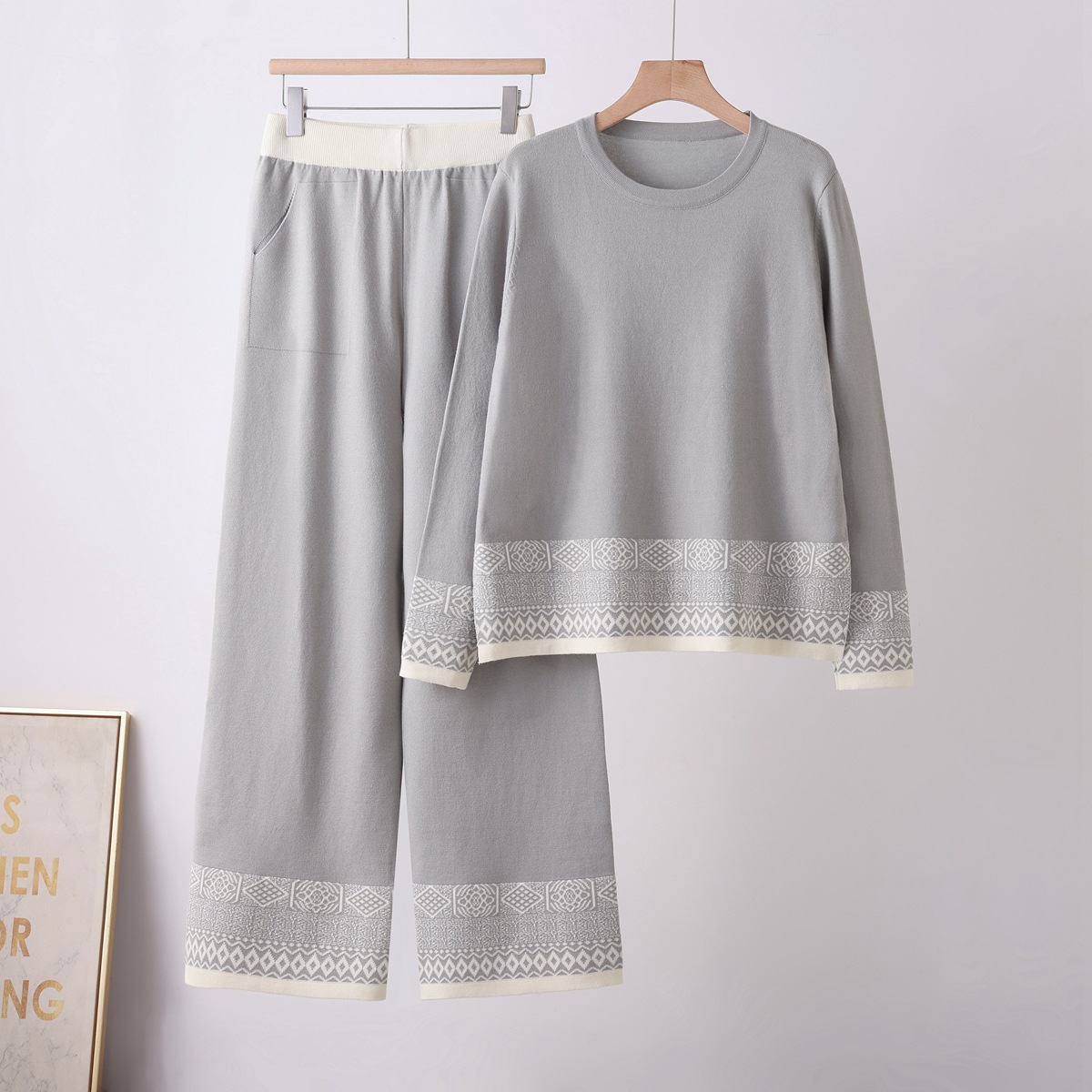2026 European Station Small Fragrant Style Retro Fashion Casual Top Wide Leg Pants Knitted Two Piece Set Women's Trendy 2026 European Station Small Fragrant Style Retro Fashion Casual Top Wide Leg Pants Knitted Two Piece Set Women's Trendy