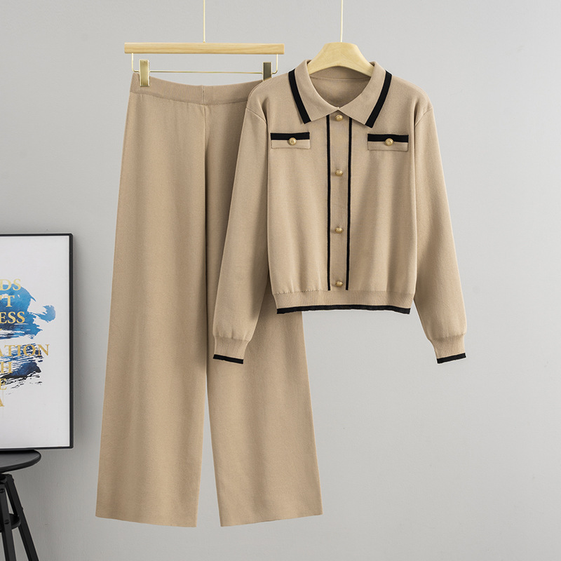 Cross border high-end fashion metal buckle POLO collar long sleeved knitted top women's high waist wide leg pants two-piece set